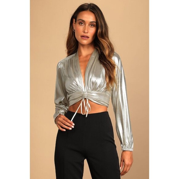 Lulu's Gold Long Sleeve Crop Blouse with Mandarin Collar - Picture 1 of 5